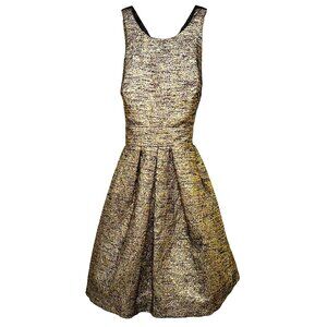 HUTCH Fit & flare short halter dress, open back, size 0, gold metallic, pockets!